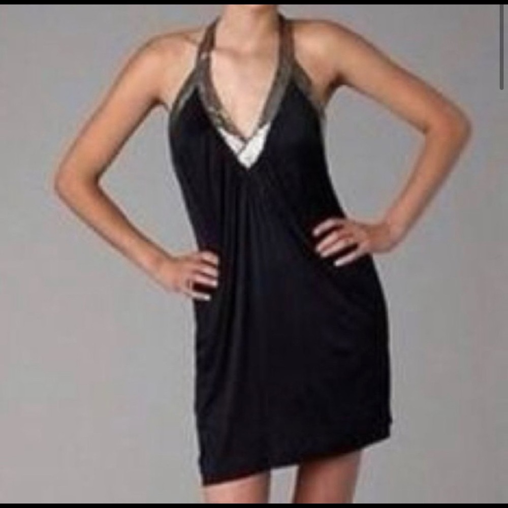 BCBGMaxAzria Women's Black with Silver Metallic Accents V-Neck Dress Size Small